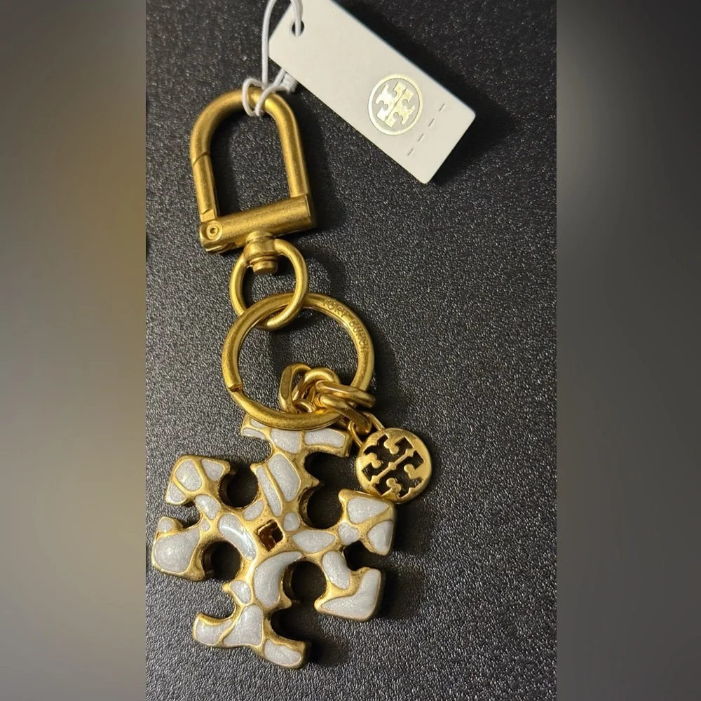 Tory Burch Gold and Cream Logo Keychain